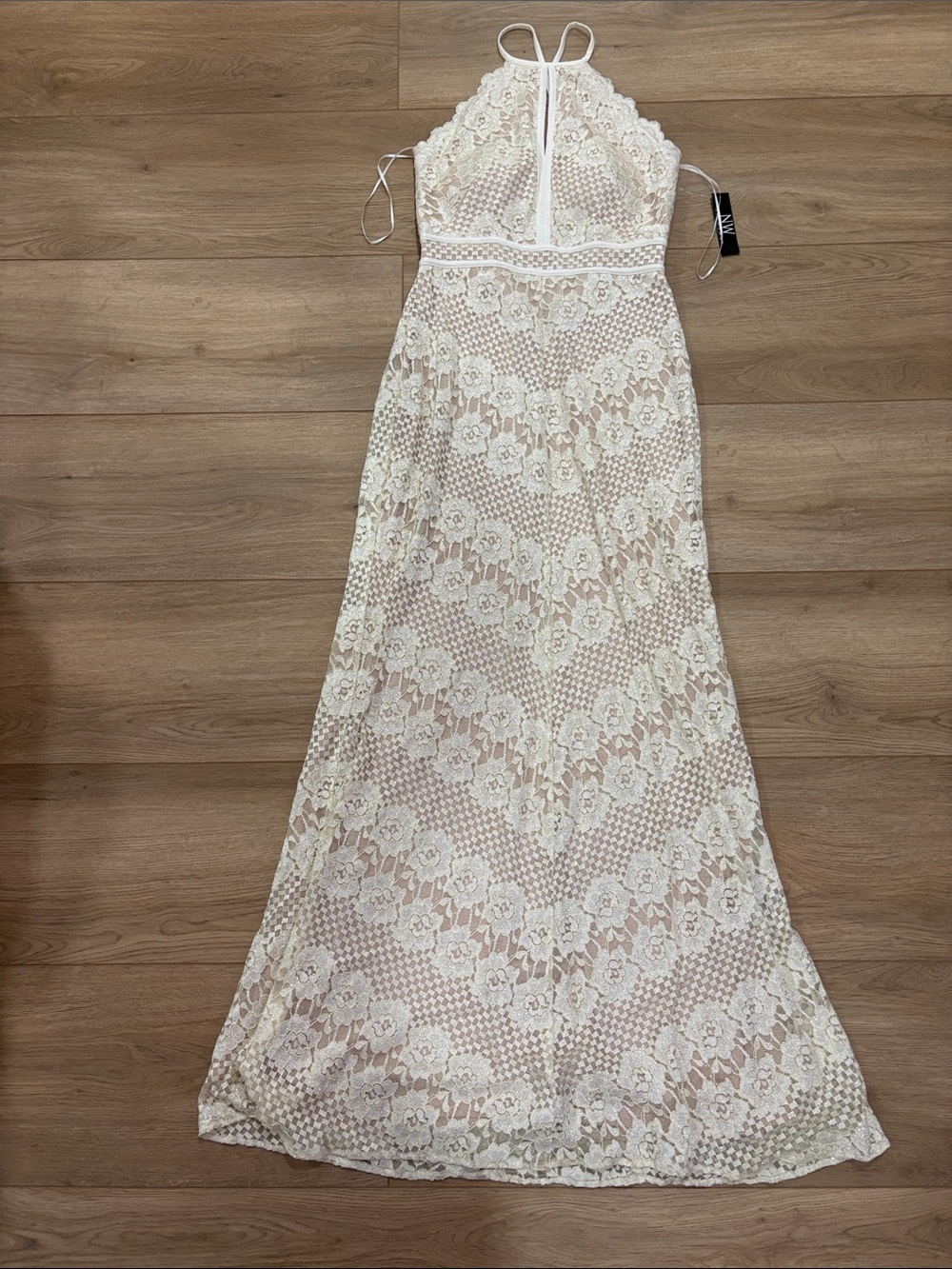 Night Way Collections Ivory Lace Halter Maxi Dress
